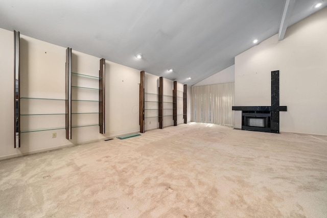 1624 Coppertree Ln, Columbus, OH 43232 - unfurnished living room with vaulted ceiling, carpet, a fireplace, and recessed lighting