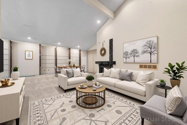 1624 Coppertree Ln, Columbus, OH 43232 - living area featuring high vaulted ceiling, beamed ceiling, light carpet, and recessed lighting