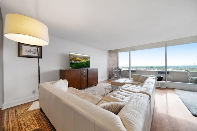living area with baseboards, plenty of natural light, and wood finished floors