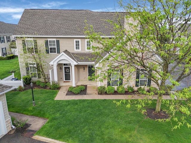 view of front of house with a shingled roof, fence, and a front yard