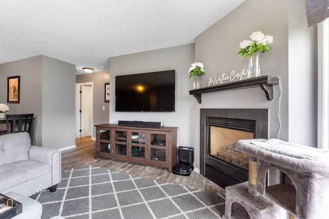 9137 Parkpoint Ln, Lewis Center, OH 43035 - living room featuring wood finished floors, baseboards, a glass covered fireplace, and a textured ceiling
