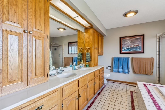 125 W Woodmere Dr, Tiffin, OH 44883 - full bathroom with toilet, a shower stall, a sink, and tile patterned flooring