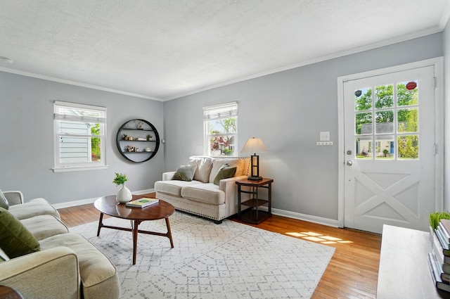living room with crown molding, a healthy amount of sunlight, and light wood-style floors