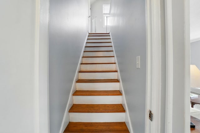 stairway with wood finished floors