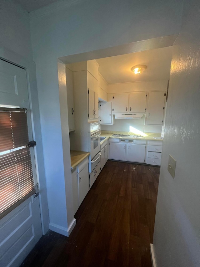 126 S Seffner Ave, Marion, OH 43302 - kitchen with under cabinet range hood, dark wood-style floors, white cabinetry, and a warming drawer