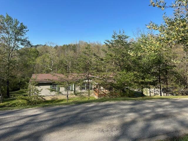 view of front of house with a wooded view