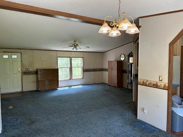 35310 Geiger Rd, Logan, OH 43138 - carpeted spare room with a chandelier, ceiling fan, a textured ceiling, and crown molding