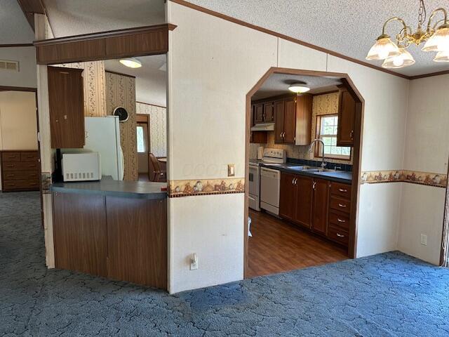35310 Geiger Rd, Logan, OH 43138 - kitchen with dark carpet, ornamental molding, a sink, dark countertops, and white appliances