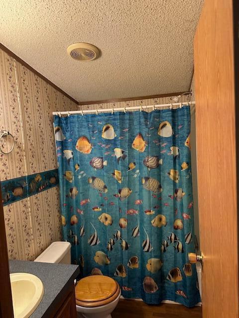 35310 Geiger Rd, Logan, OH 43138 - bathroom featuring a textured ceiling, wallpapered walls, vanity, toilet, and a shower with shower curtain