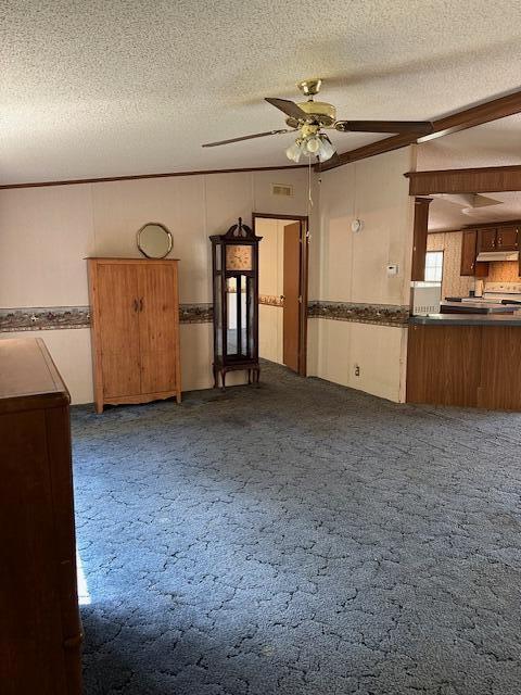 35310 Geiger Rd, Logan, OH 43138 - unfurnished living room with a textured ceiling, carpet flooring, and ceiling fan