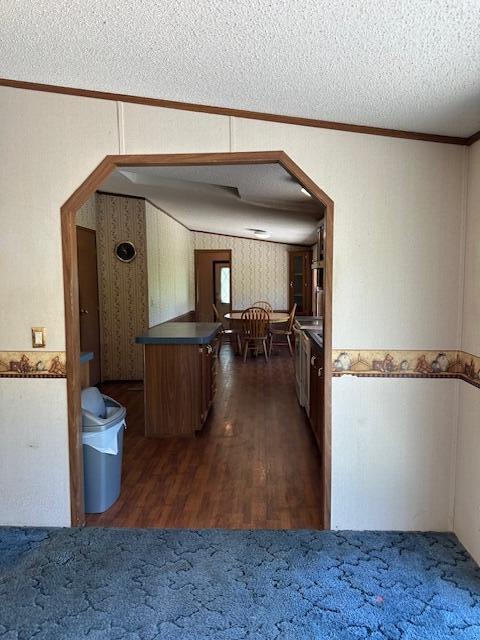 35310 Geiger Rd, Logan, OH 43138 - kitchen with dark wood-type flooring, ornamental molding, a textured ceiling, and arched walkways