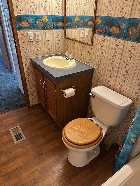 35310 Geiger Rd, Logan, OH 43138 - bathroom with toilet, wood finished floors, vanity, and wallpapered walls