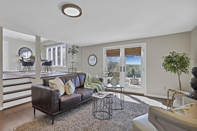 living area with french doors, baseboards, plenty of natural light, and wood finished floors