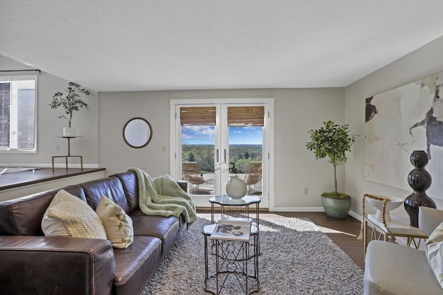 living area with baseboards, french doors, and wood finished floors