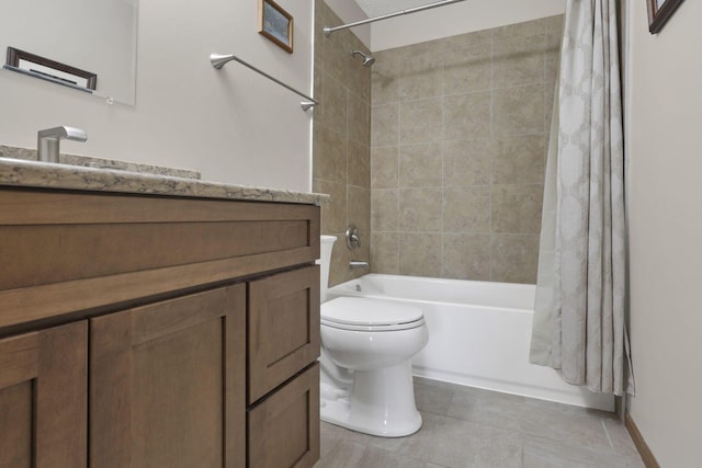 6495 Saylor St, Canal Winchester, OH 43110 - full bathroom with vanity, shower / bathtub combination with curtain, toilet, tile patterned floors, and baseboards