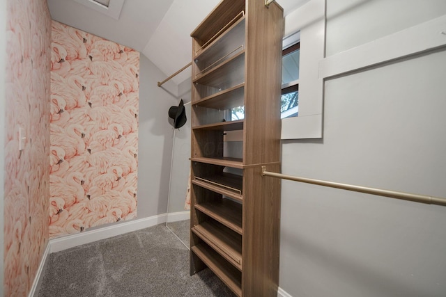 walk in closet with carpet and lofted ceiling