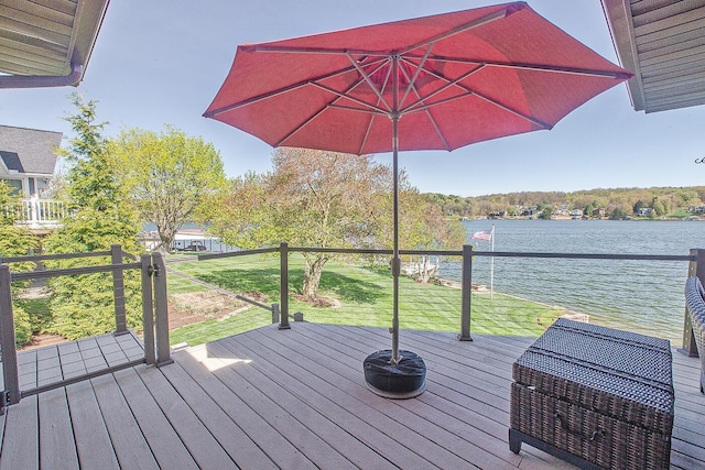 wooden terrace featuring a yard and a water view
