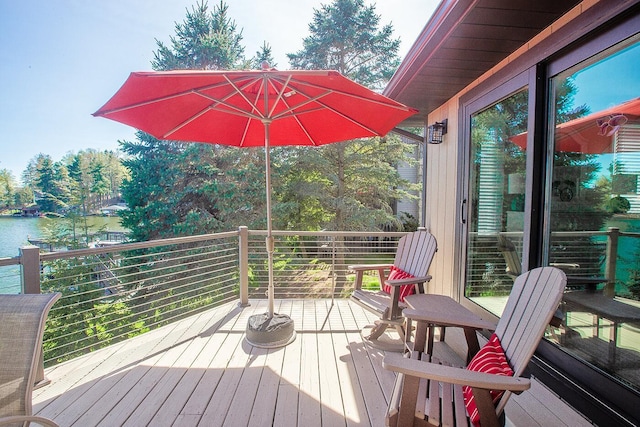 wooden deck with a water view