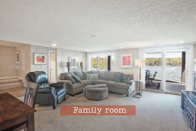living room with carpet, a textured ceiling, and recessed lighting
