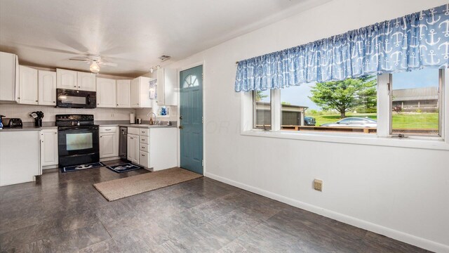 14672 Township Rd Unit 1062, Thornville, OH 43076 - kitchen featuring black appliances, baseboards, healthy amount of natural light, and ceiling fan