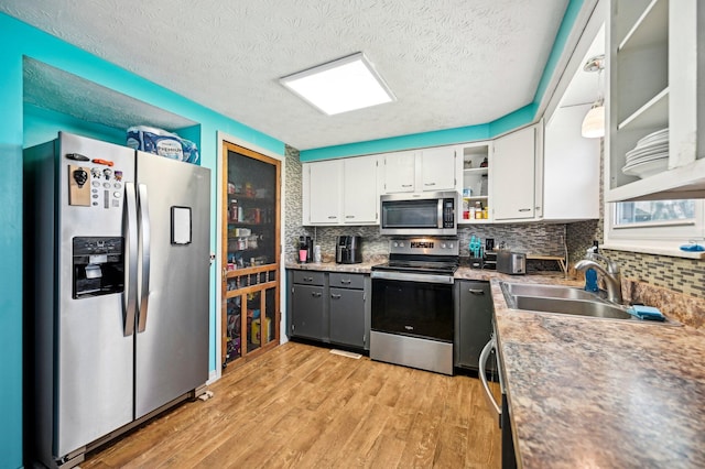 kitchen featuring white cabinets, tasteful backsplash, a sink, light wood finished floors, and stainless steel appliances