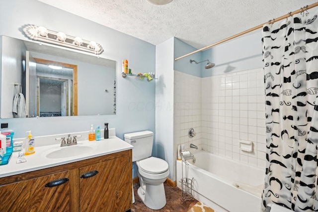 full bathroom with vanity, toilet, a textured ceiling, and shower / bath combination with curtain