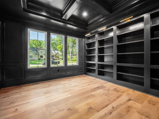 2355 Farleigh Rd, Columbus, OH 43221 - unfurnished room with ornamental molding, light wood-style flooring, built in features, beam ceiling, and coffered ceiling