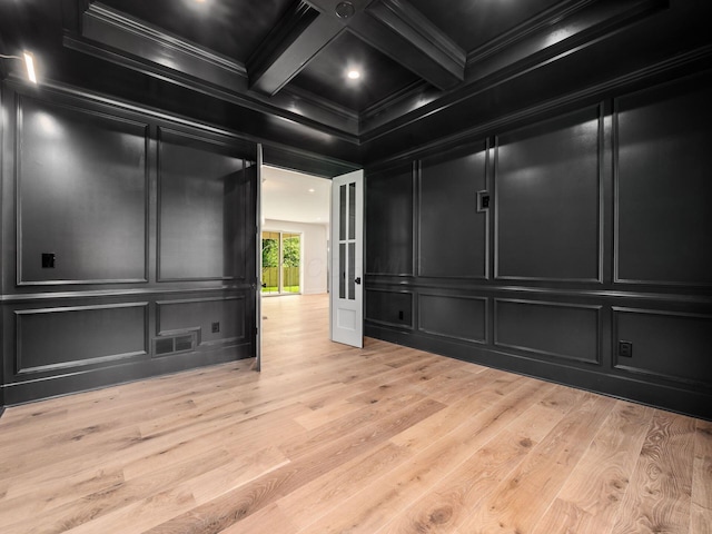 2355 Farleigh Rd, Columbus, OH 43221 - unfurnished room with a decorative wall, crown molding, beamed ceiling, light wood-style flooring, and coffered ceiling