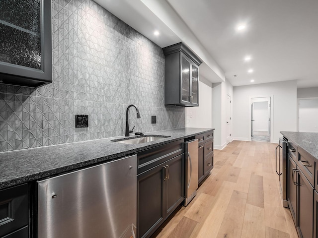 2355 Farleigh Rd, Columbus, OH 43221 - kitchen with a sink, stainless steel dishwasher, backsplash, glass insert cabinets, and light wood-style flooring