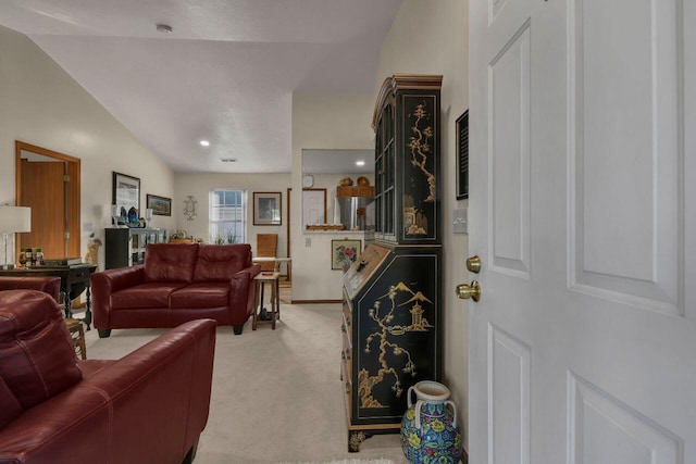 1324 Hillview Cir W, Newark, OH 43055 - living room featuring baseboards, light carpet, and lofted ceiling