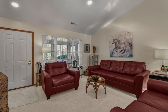 1324 Hillview Cir W, Newark, OH 43055 - living area featuring recessed lighting, vaulted ceiling, light carpet, and visible vents