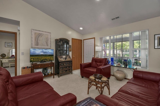 1324 Hillview Cir W, Newark, OH 43055 - living room featuring visible vents, carpet flooring, vaulted ceiling, and recessed lighting
