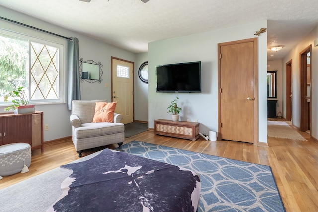 109 Williams Rd, Columbus, OH 43207 - living room with light wood-type flooring, baseboards, a ceiling fan, and a textured ceiling