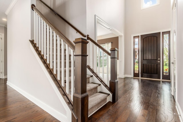 1393 Kearney Way, Delaware, OH 43015 - foyer entrance with wood finished floors, baseboards, stairs, a high ceiling, and ornamental molding