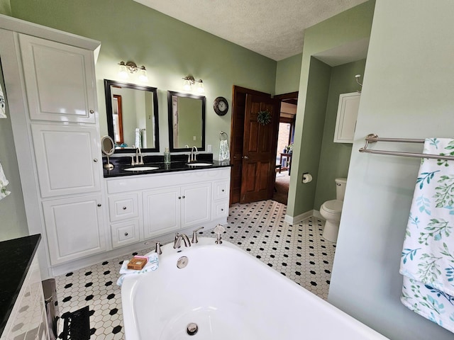 3851 Snow Hill Rd SW, Washington Court House, OH 43160 - full bathroom with a freestanding bath, toilet, double vanity, and a textured ceiling