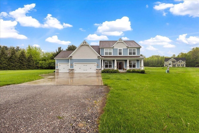 craftsman-style house with gravel driveway, covered porch, an attached garage, and a front yard