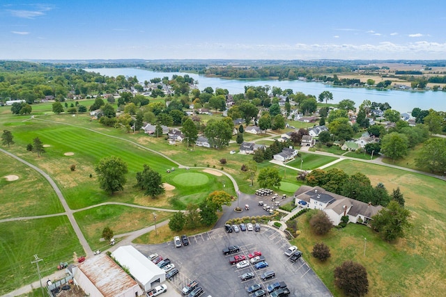 bird's eye view featuring a water view and golf course view