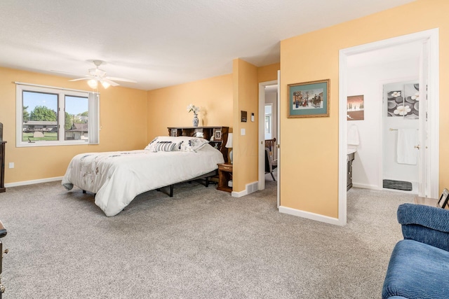 bedroom featuring carpet floors, baseboards, and ceiling fan