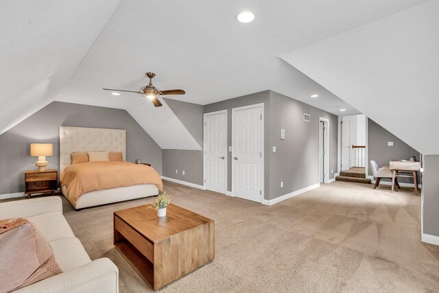 7169 Fernridge Dr, New Albany, OH 43054 - bedroom with carpet flooring, baseboards, recessed lighting, a ceiling fan, and vaulted ceiling