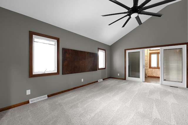 1799 Baldridge Rd, Columbus, OH 43221 - unfurnished room featuring light colored carpet, baseboards, high vaulted ceiling, and ceiling fan