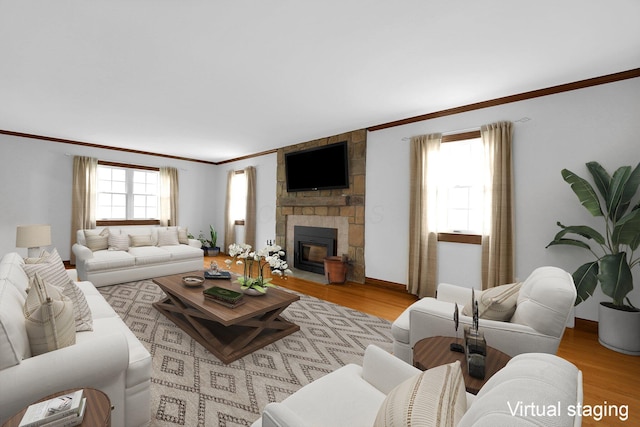 1799 Baldridge Rd, Columbus, OH 43221 - living room with crown molding, wood finished floors, a fireplace, and baseboards