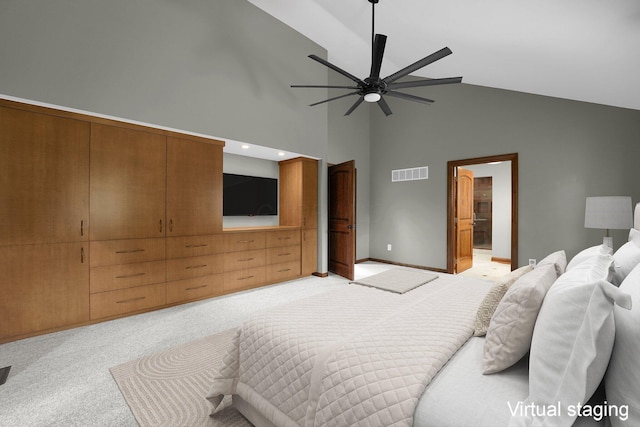 1799 Baldridge Rd, Columbus, OH 43221 - bedroom featuring light colored carpet, high vaulted ceiling, a ceiling fan, and ensuite bath
