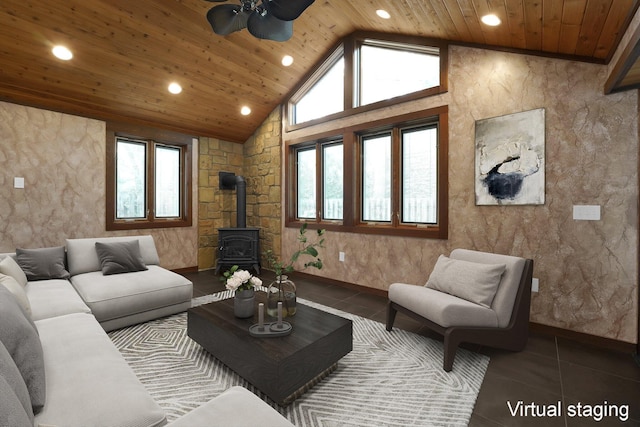 1799 Baldridge Rd, Columbus, OH 43221 - tiled living room featuring a wood stove, healthy amount of natural light, recessed lighting, a ceiling fan, and wooden ceiling