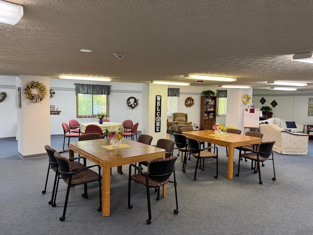 dining room featuring a textured ceiling and carpet floors