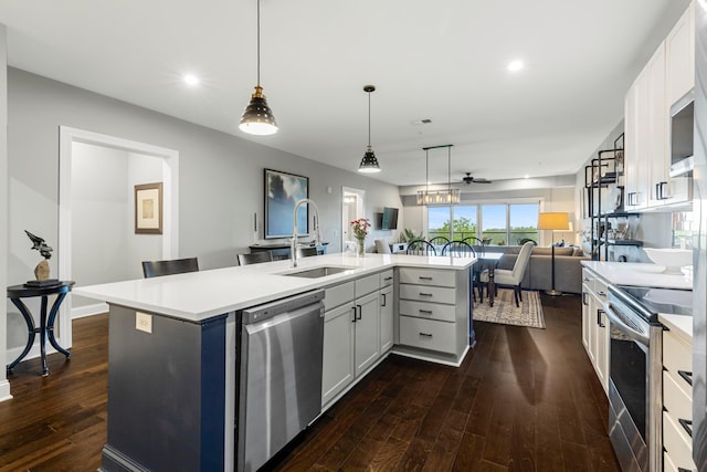 kitchen featuring a sink, stainless steel appliances, dark wood finished floors, open floor plan, and light countertops