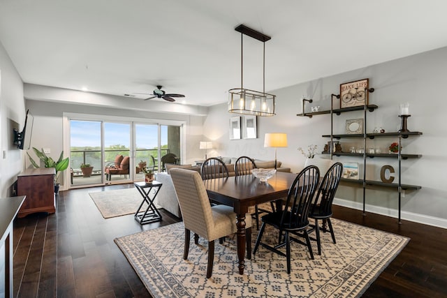 dining area with a ceiling fan, baseboards, recessed lighting, and wood finished floors