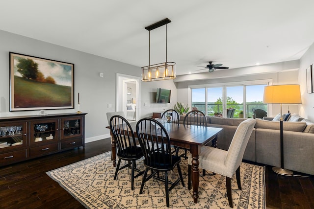dining space featuring baseboards, recessed lighting, hardwood / wood-style floors, and ceiling fan