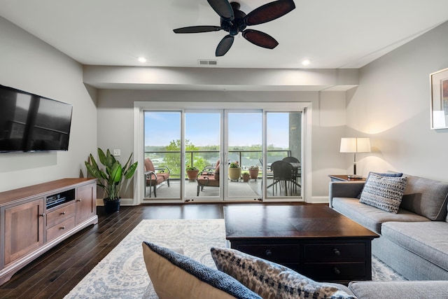 living room featuring baseboards, recessed lighting, ceiling fan, and visible vents