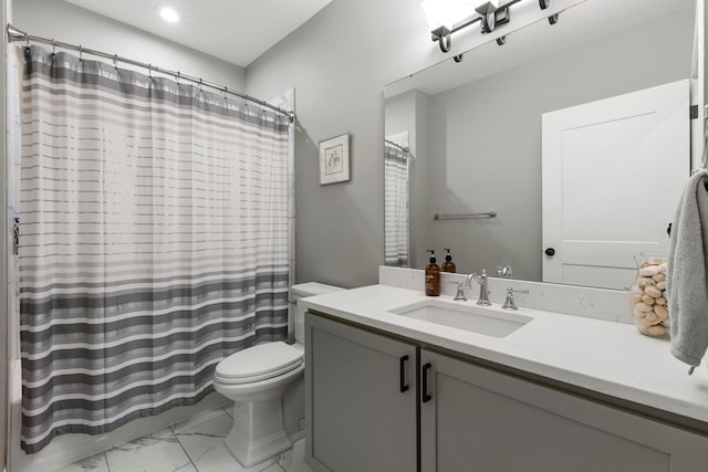 bathroom with toilet, marble finish floor, vanity, recessed lighting, and a shower with shower curtain