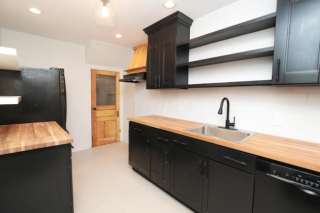kitchen with open shelves, butcher block counters, a sink, backsplash, and black appliances